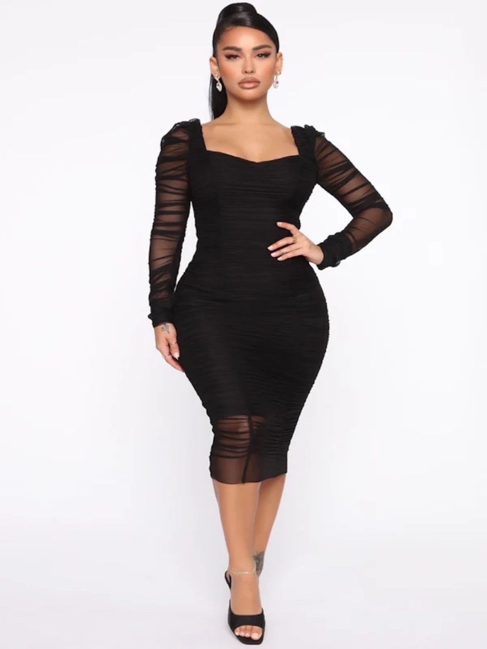 Fashion Nova Did You Mesh Me Ruched Midi Dress, black Size 1X NWT